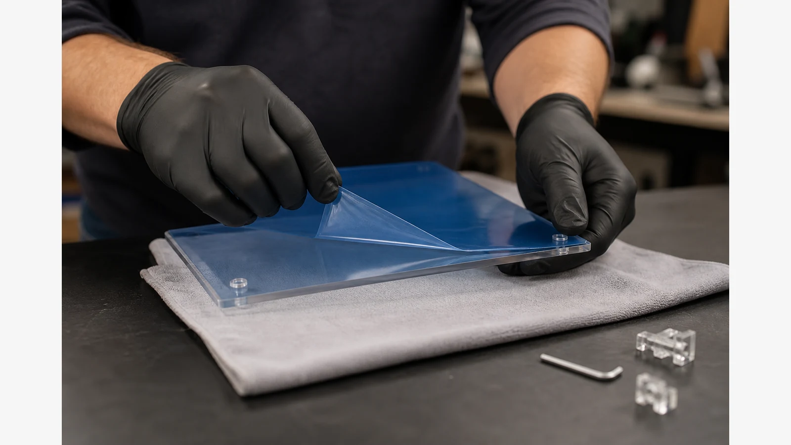 Hands peeling protective film from a clear acrylic display panel on a soft cloth during assembly