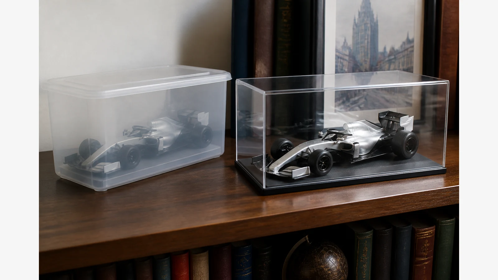 Comparison of a cloudy plastic storage tub and a clear acrylic model display case on a UK study shelf