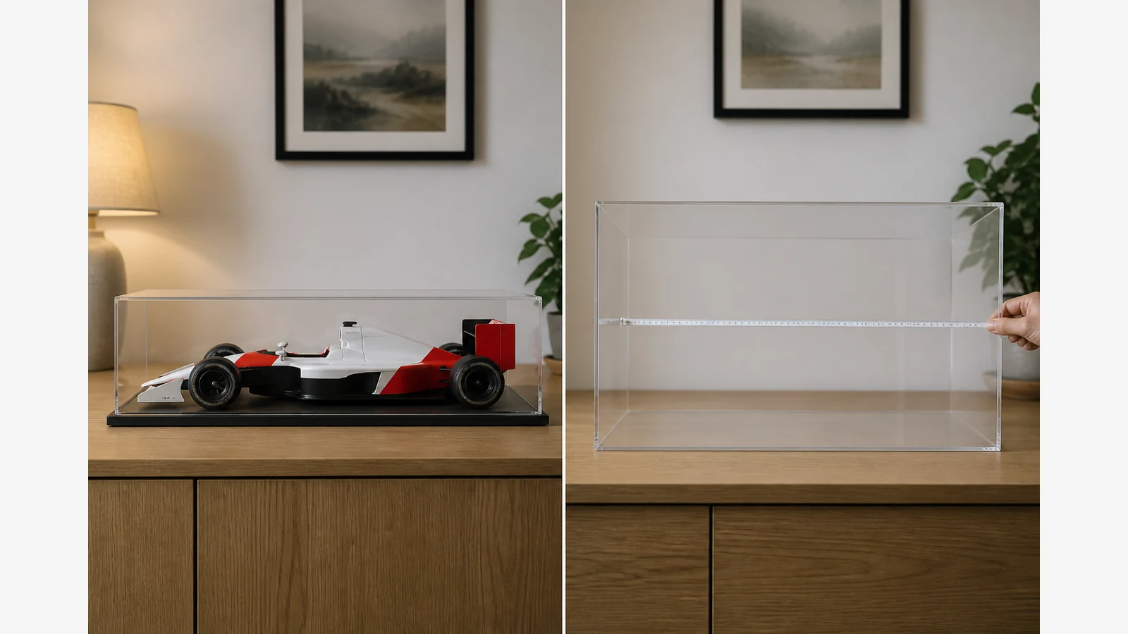 Visual comparison of a set-specific F1 display case and a generic large acrylic case with a measuring tape