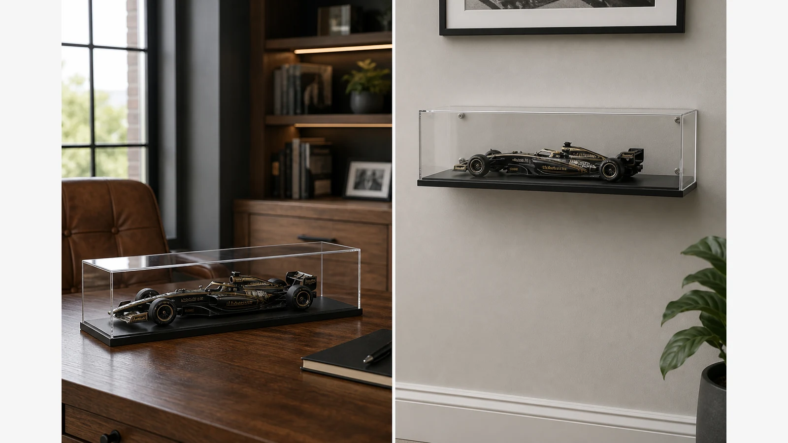 Freestanding desk display case compared with a wall-mounted acrylic case for a long F1-style model